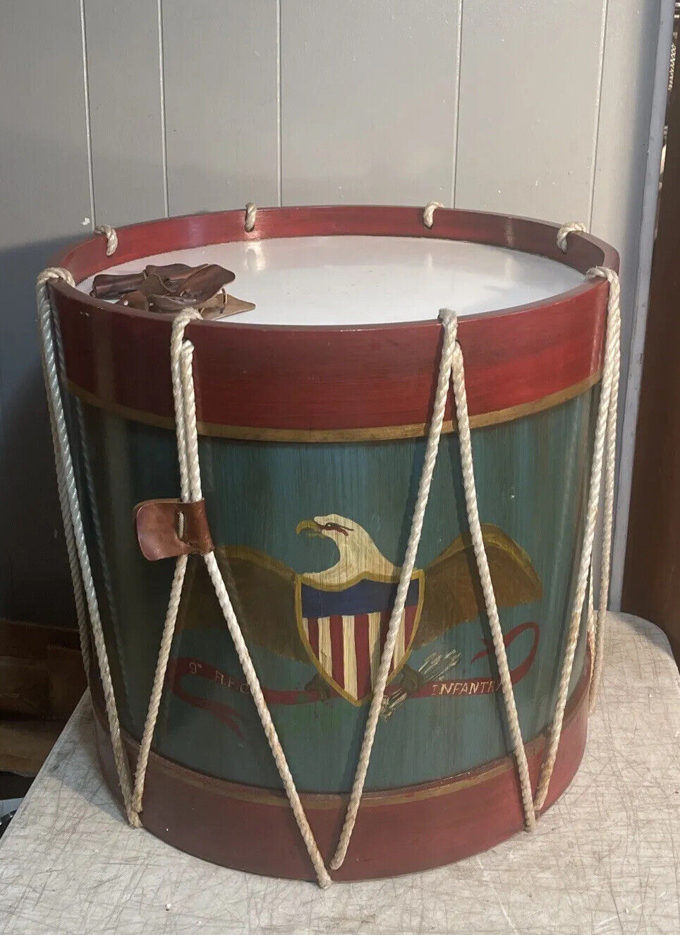 Vintage Civil War 9th Reg. Reproduction Drum Table 22” Ht By 23” Diameter