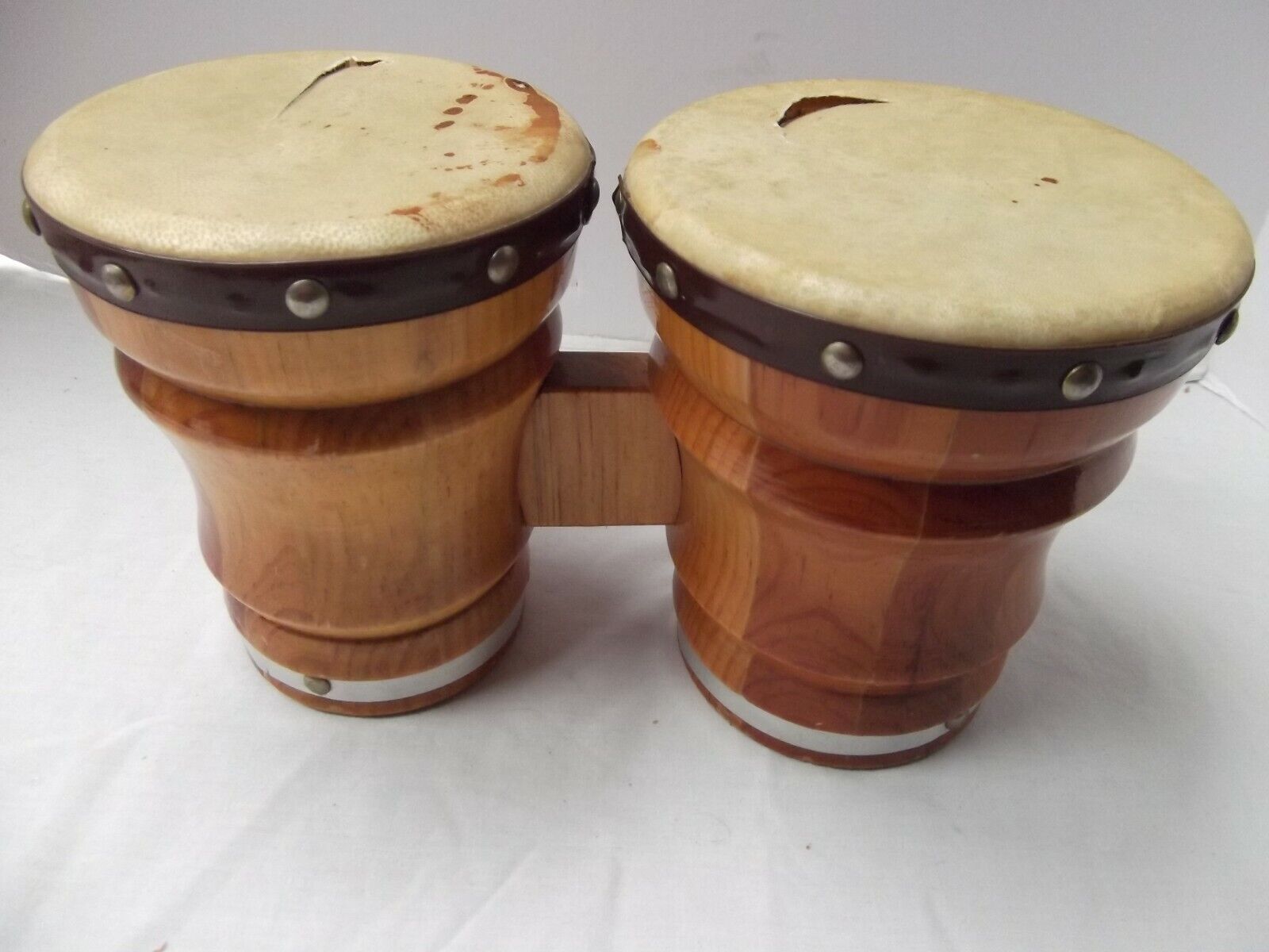 vtg set pair small 11.5in Contour Bongo Drums wood wooden Mexico Skins DAMAGED 