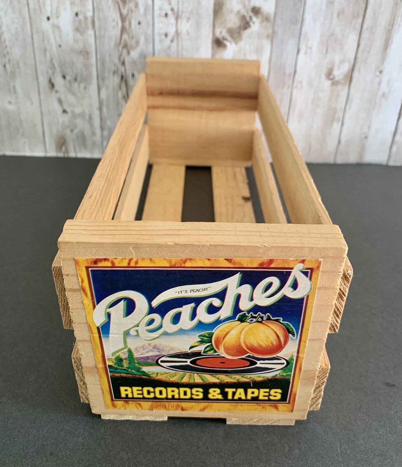 Vintage Peaches Records & Tapes Store Wooden Cassette Tape Holder Box Crate 80s