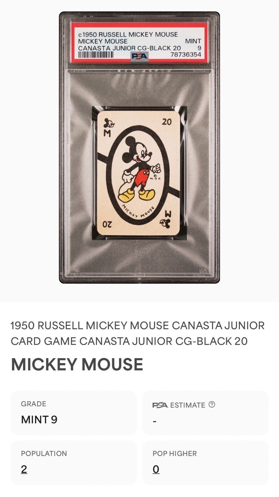 EXTREMELY RARE VINTAGE 1950s RUSSELL MICKEY MOUSE CANASTA CARD PSA 9 MINT