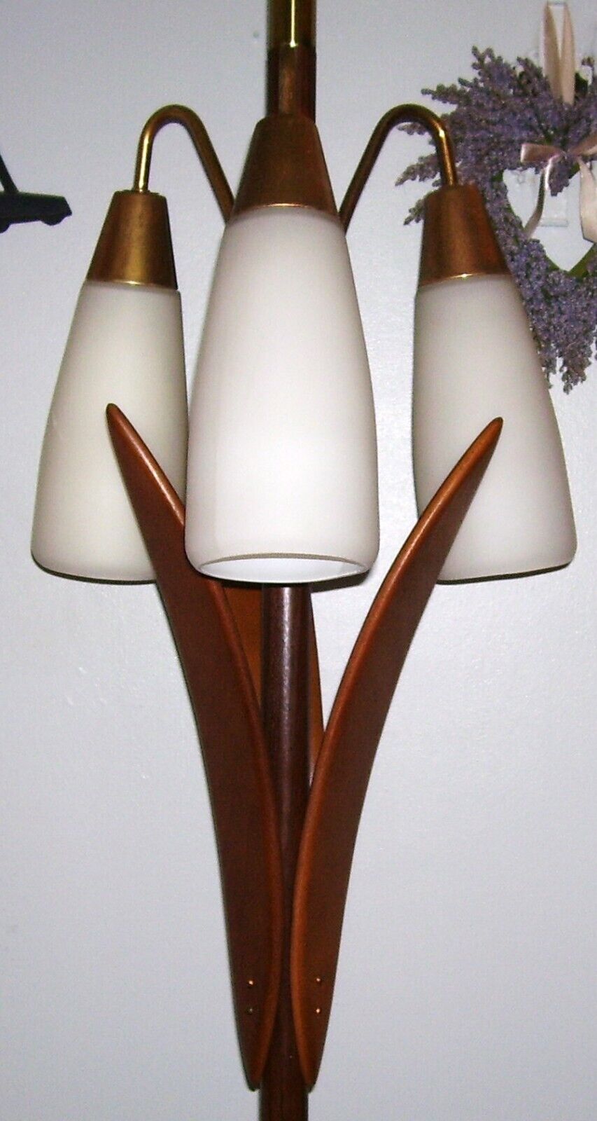 Vintage Mid Century Atomic Danish Tension Pole Floor Lamp Glass Shades