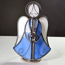 Vintage 3 Dimensional Stained Glass Angel W Harp Tea Light Candle Holder Blue 8