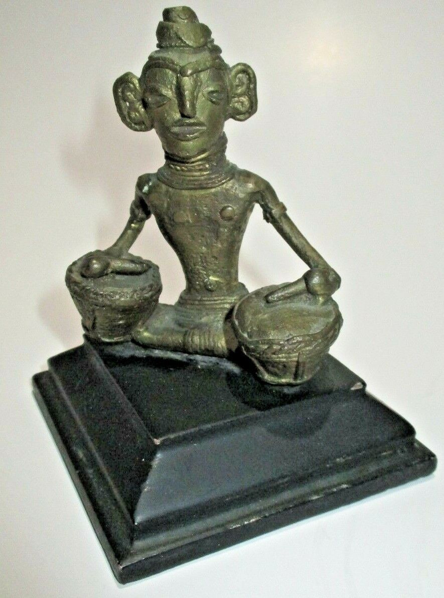  Pre-Columbian Bronze Early Figurine Statue On Wood Base Playing Drums 