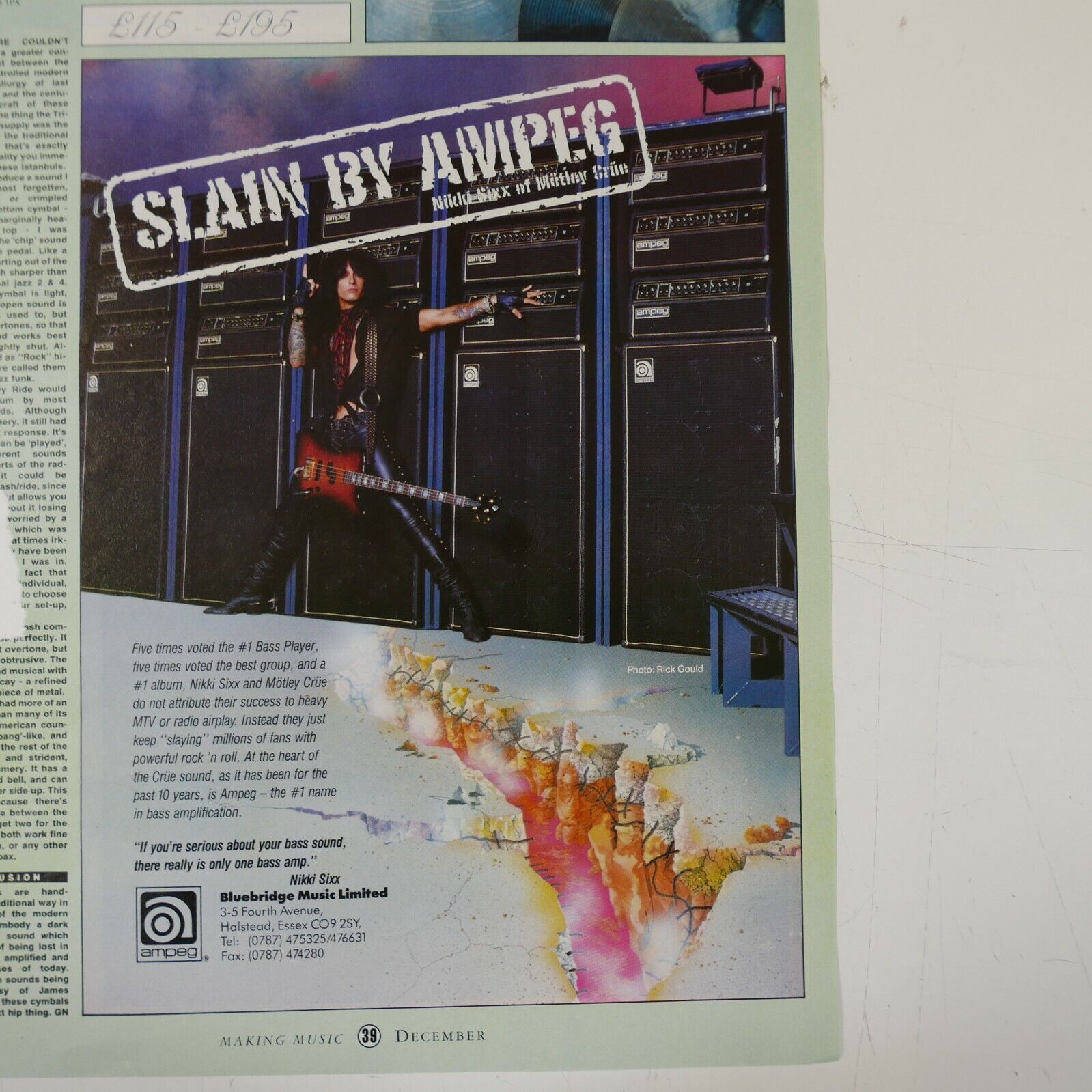 vintage 22x30cm magazine advert cutting AMPEG - NIKKI SIXX MOTLEY CRUE