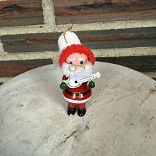 Vintage Santa Claus Wooden Ornament Caucasian Knit Hat With Guitar In Hands picture