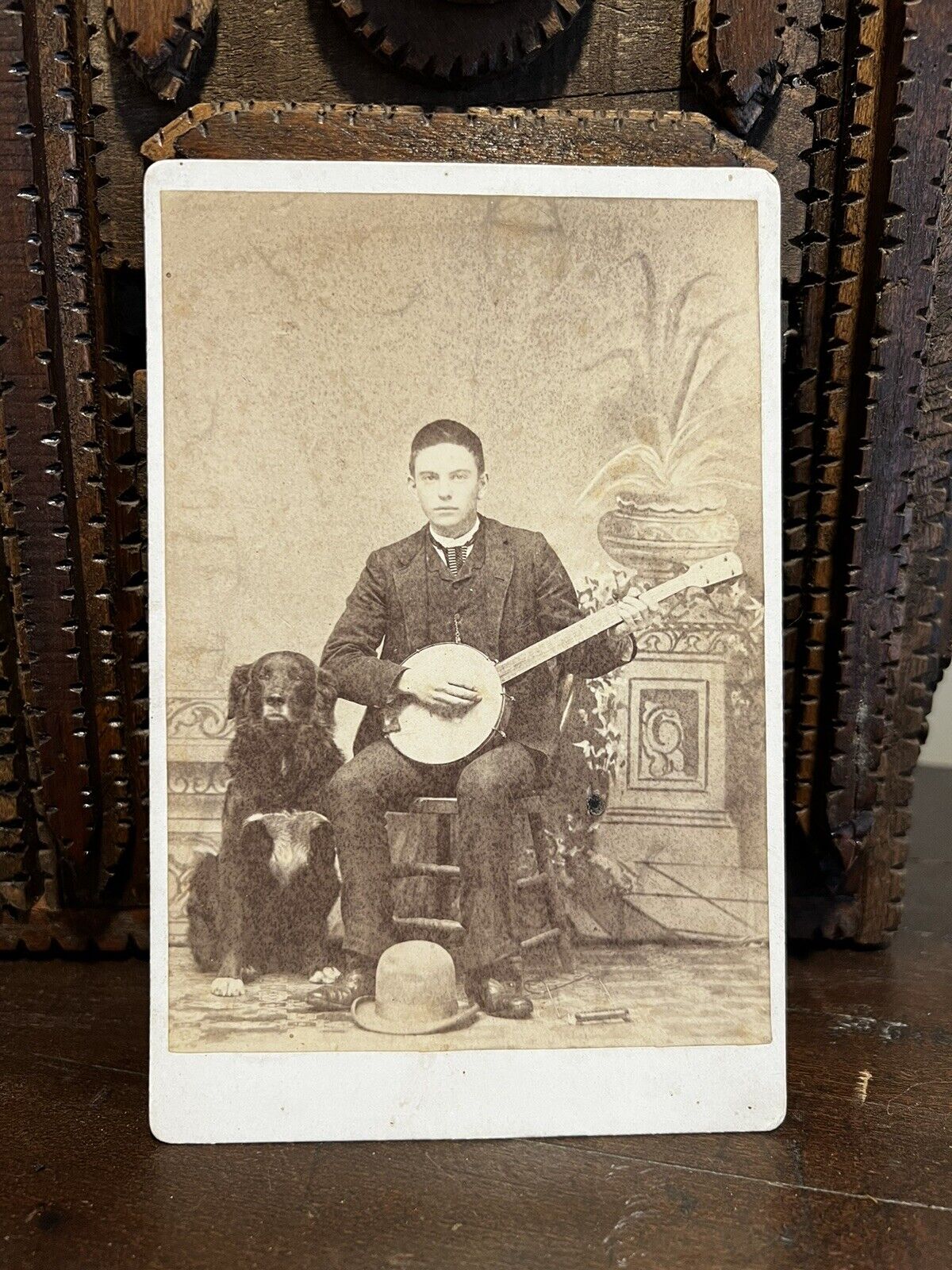 Antique Cabinet Card Banjo Player With Dog Folk Musical Photo Americana