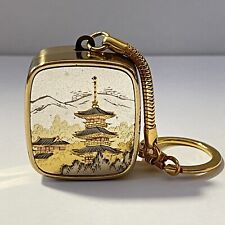 Vintage Sankyo Music Box Etched Keychain Gold Mt Fuji Trees Wind Up Works picture