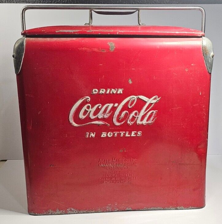 Vintage Metal Coca-Cola Cooler, Ice Chest, Opener, Action Mfg. Coke W/ Music Car