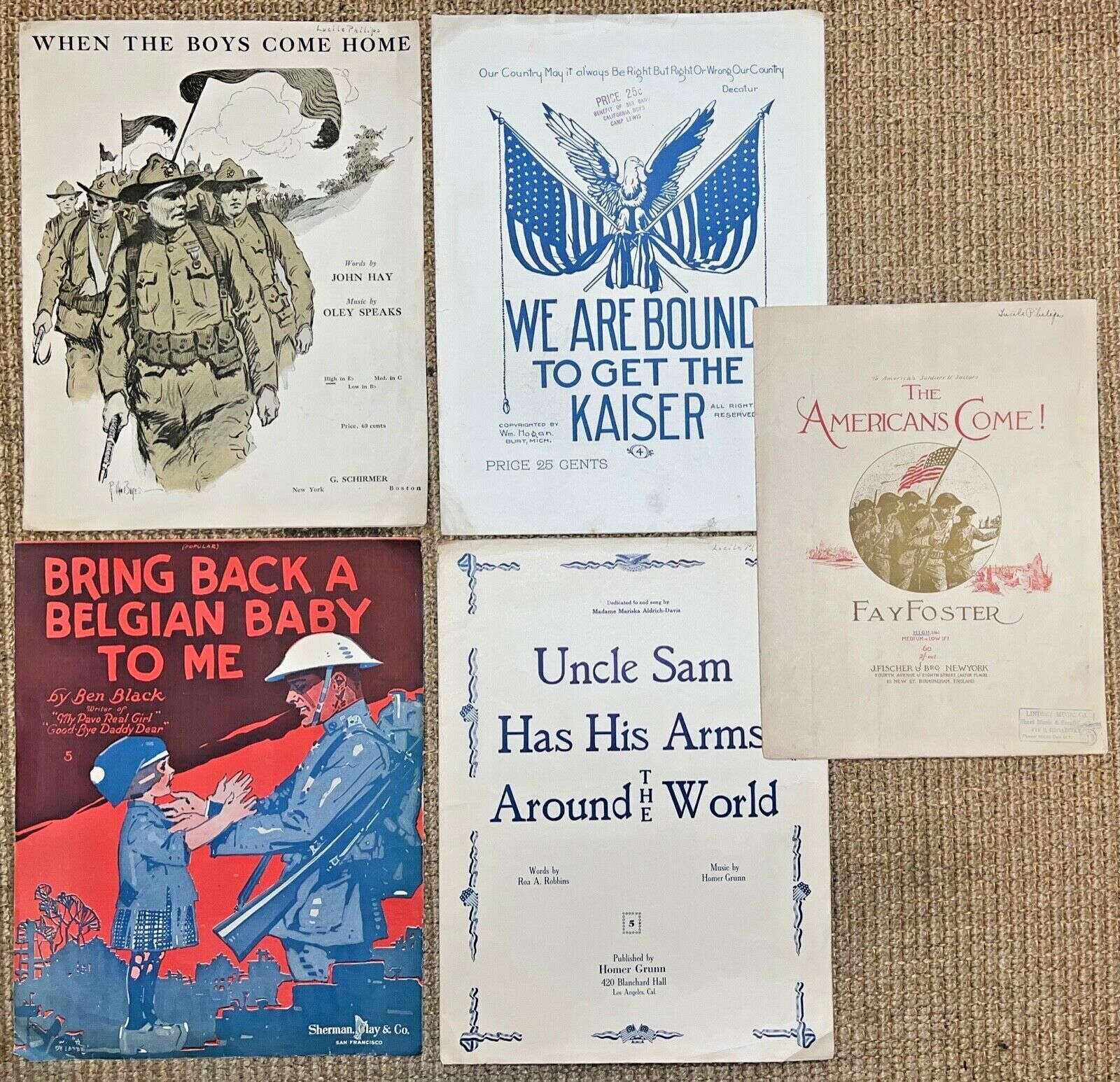 Vintage 1918 World War I Sheet Music Lot (5)