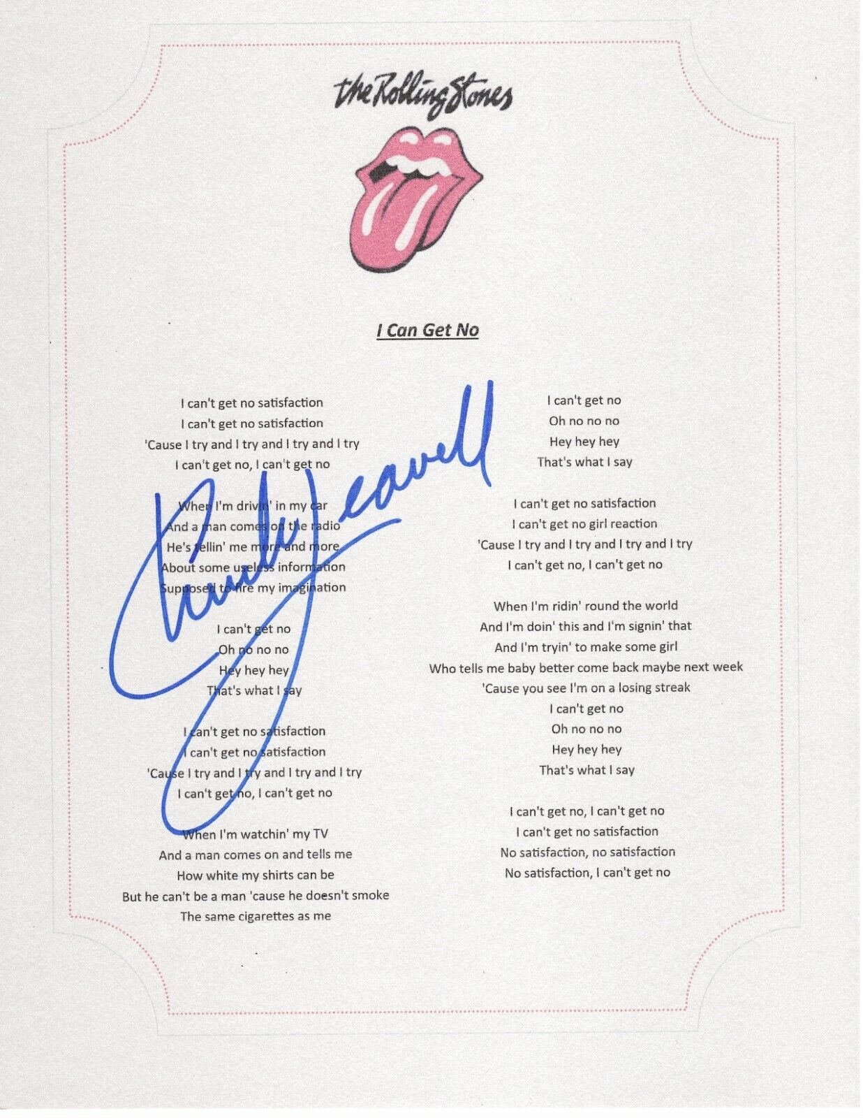 THE ROLLING STONES CHUCK LEAVELL SIGNED I CANT GET NO LYRIC SHEET
