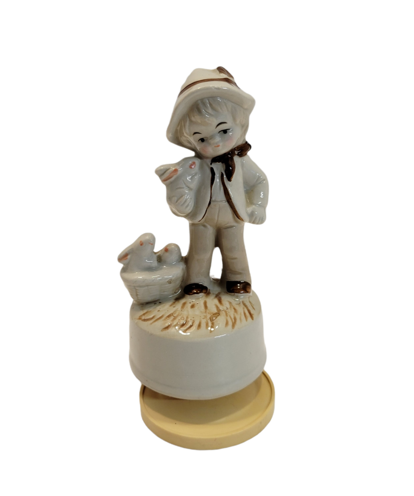 Vintage Rotating Music Box Boy in Grass & Bunnies in Basket \