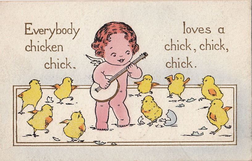 Postcard Easter Cupid Playing Banjo for Chicks 