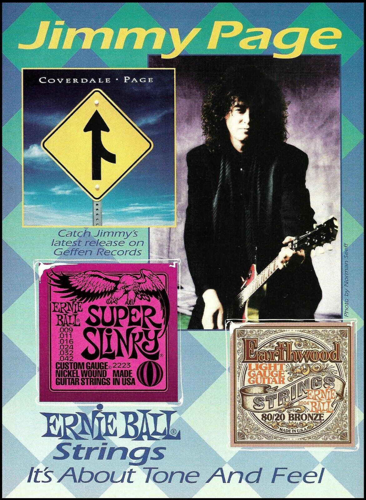 Led Zeppelin Jimmy Page 1993 Ernie Ball Guitar Strings ad print David Coverdale