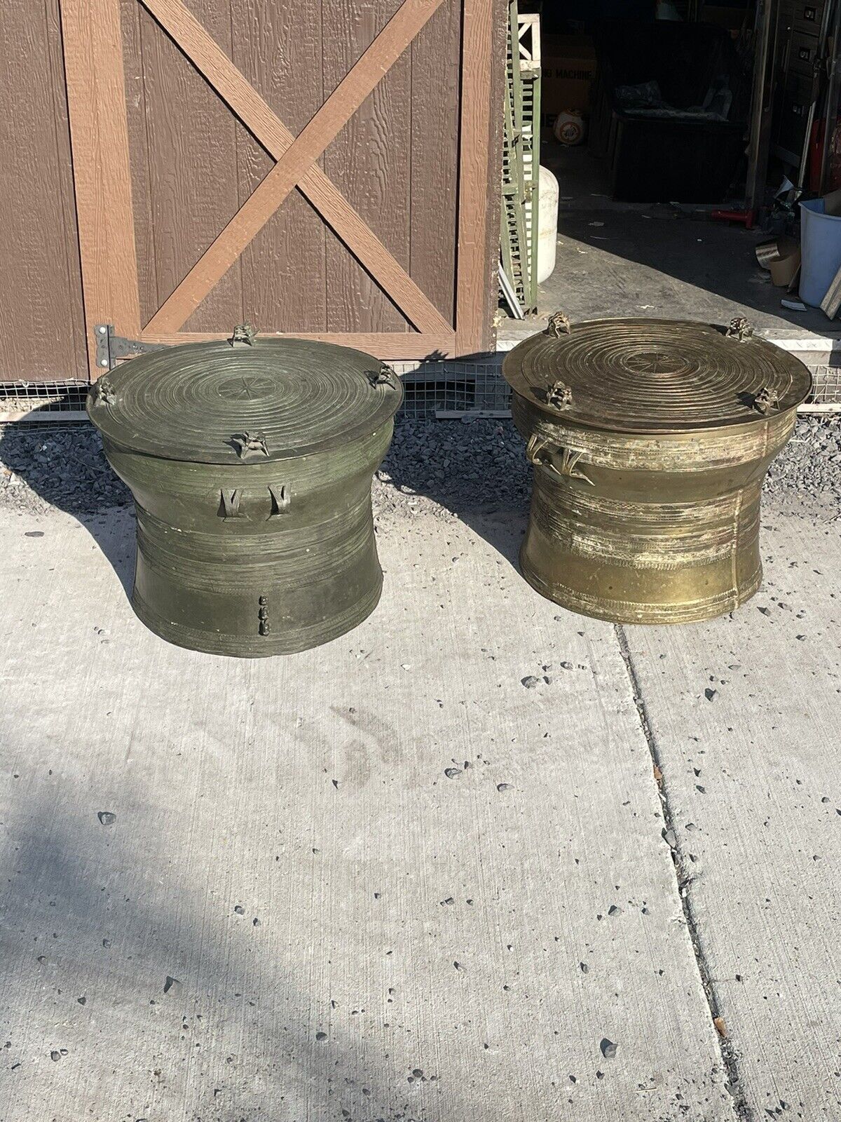 2 Vintage Dong Son Brass & Bronze Rain Drum Drums End Tables 85 Pounds Each