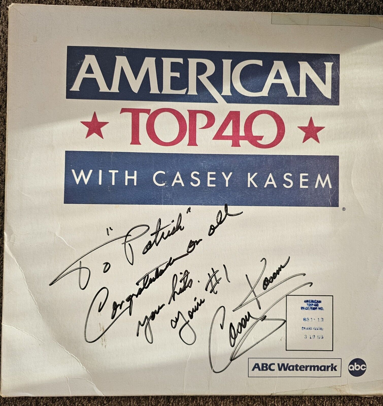 3/19/88 Vinyl CASEY KASEM AMERICAN TOP 40 COMPLETE WITH CASEY\'S AUTOGRAPH