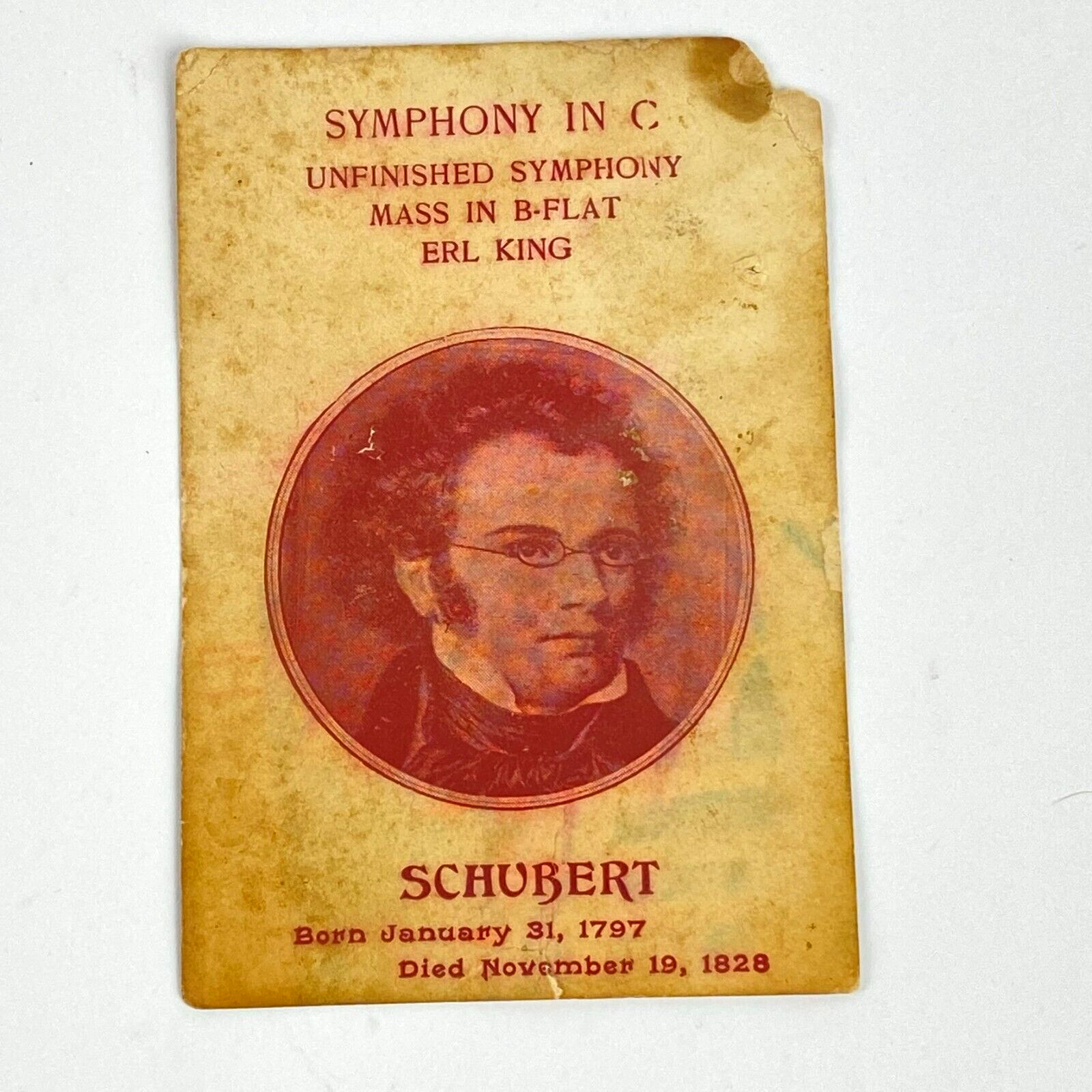 Vintage Music Trade Card Famous Composers Franz Schubert Symphony in C Erl King