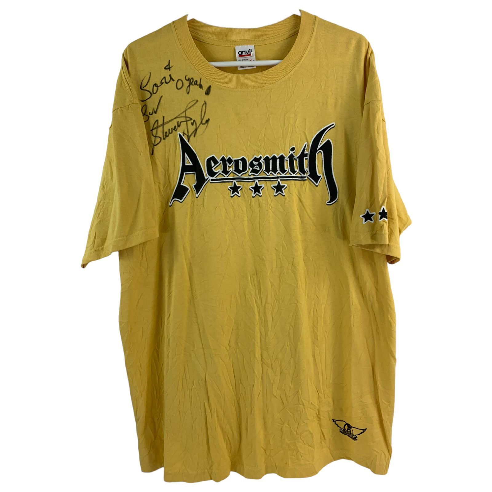 Vintage Aerosmith Yellow Graphic Print Anvil USA Steven Tyler Signed T-Shirt