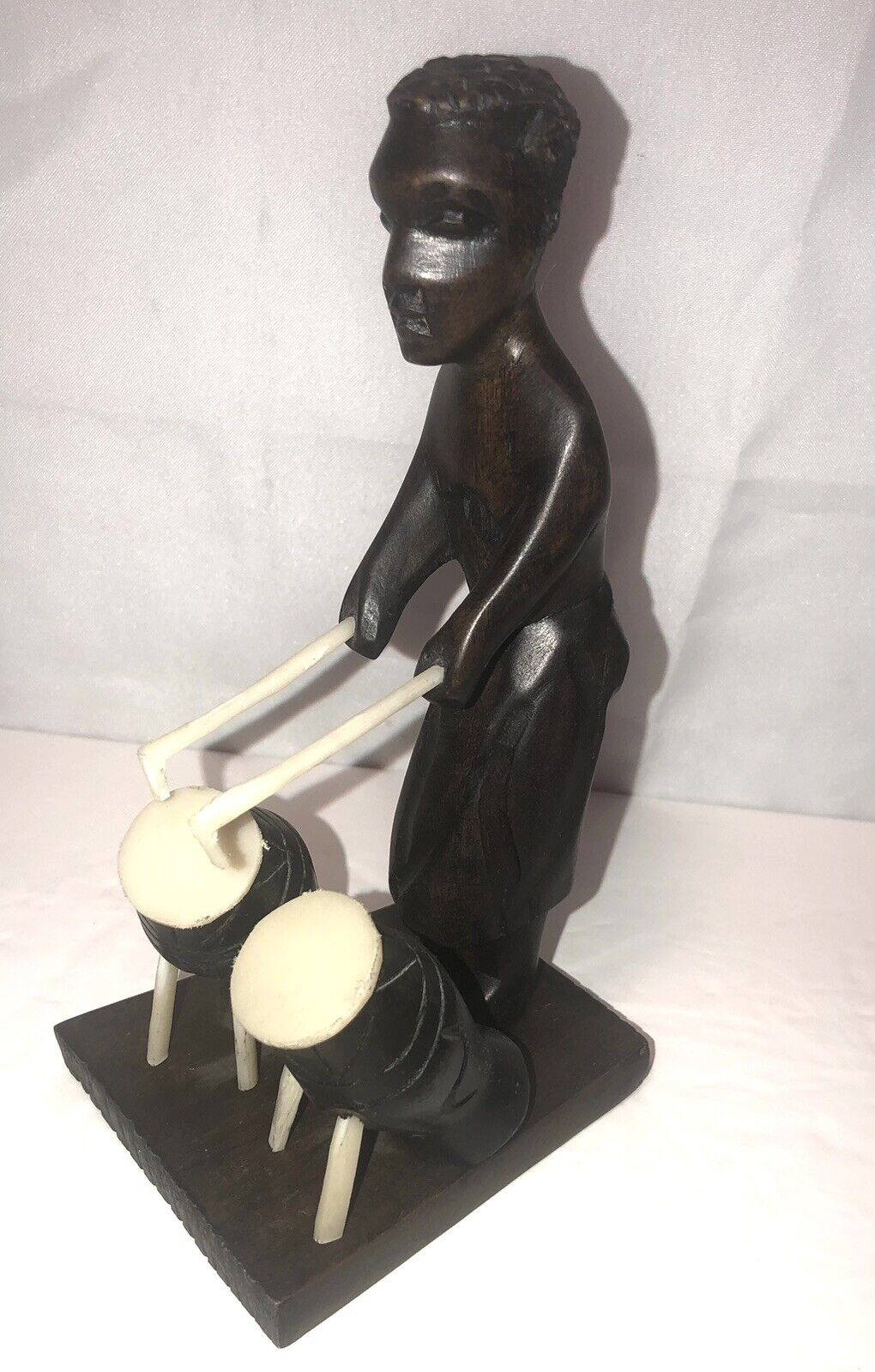 Hand Carved Wood Man Playing Drums Statue ~7”