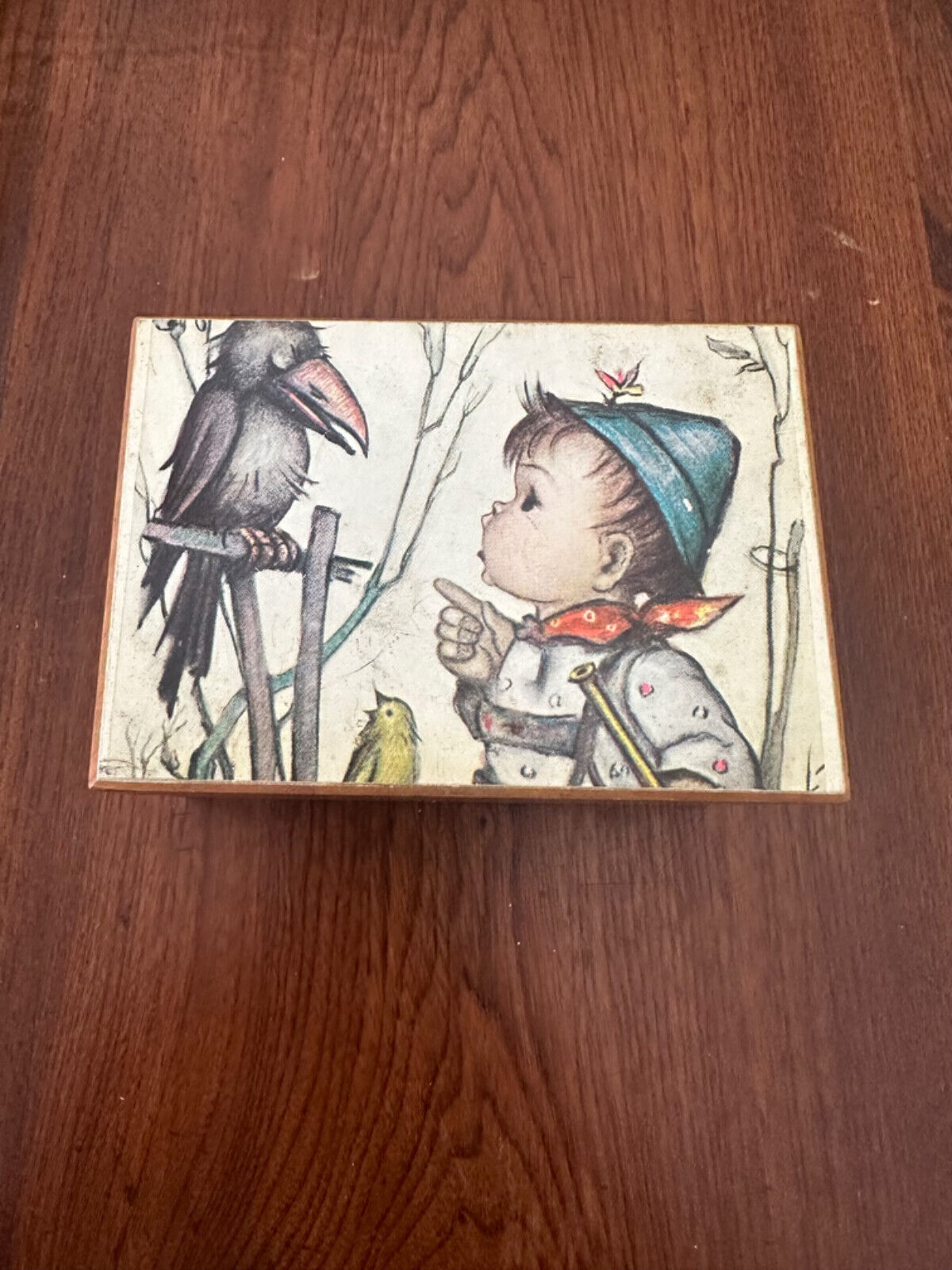 Vintage Vintage 1970's Hummel boy with crow wooden music box made in Switzerland