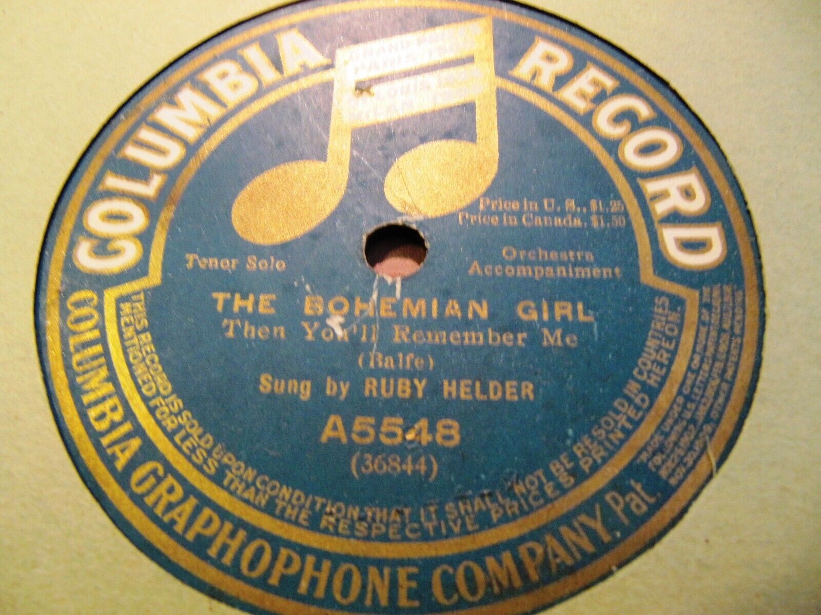1912 THE GIRL TENOR Ruby Helder Dear Love remember me / Bohemian Girl COL A5548
