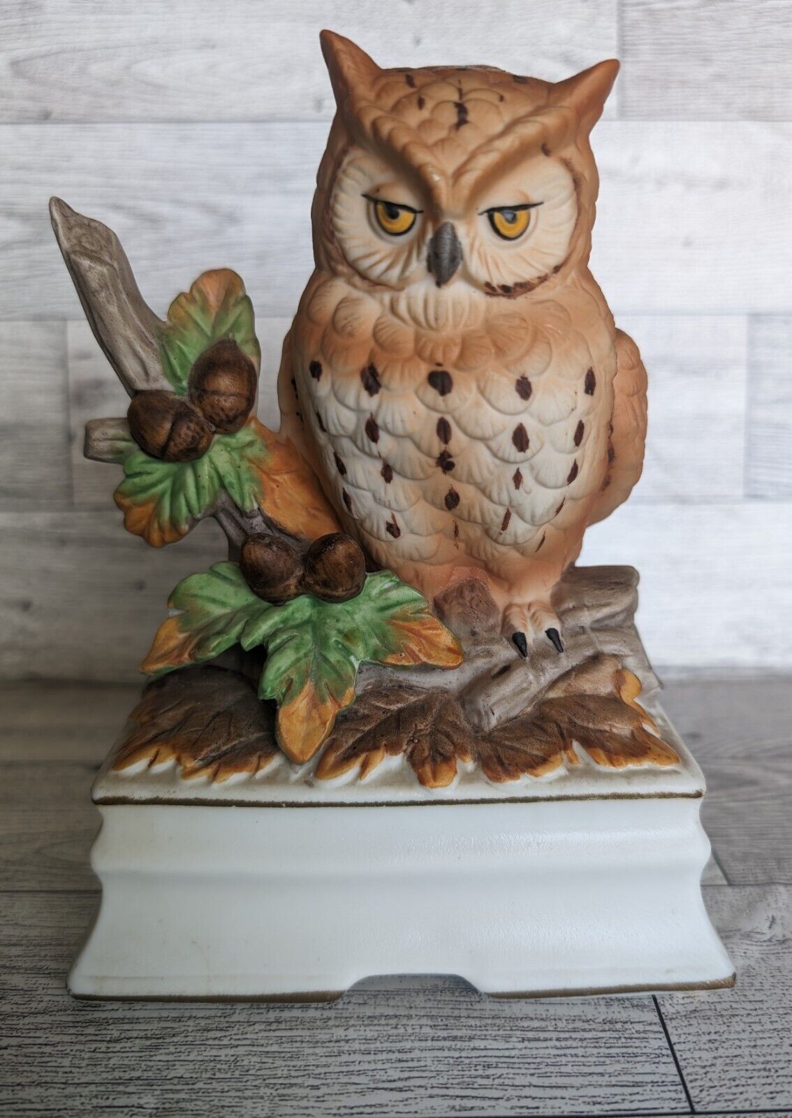 Vintage Owl On Branch Figurine Music Box Towle Fine Porcelain 
