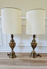 Rare Vintage Stiffel Brass Trophy Urn Lamps With Cream Silk Shades - Pair picture