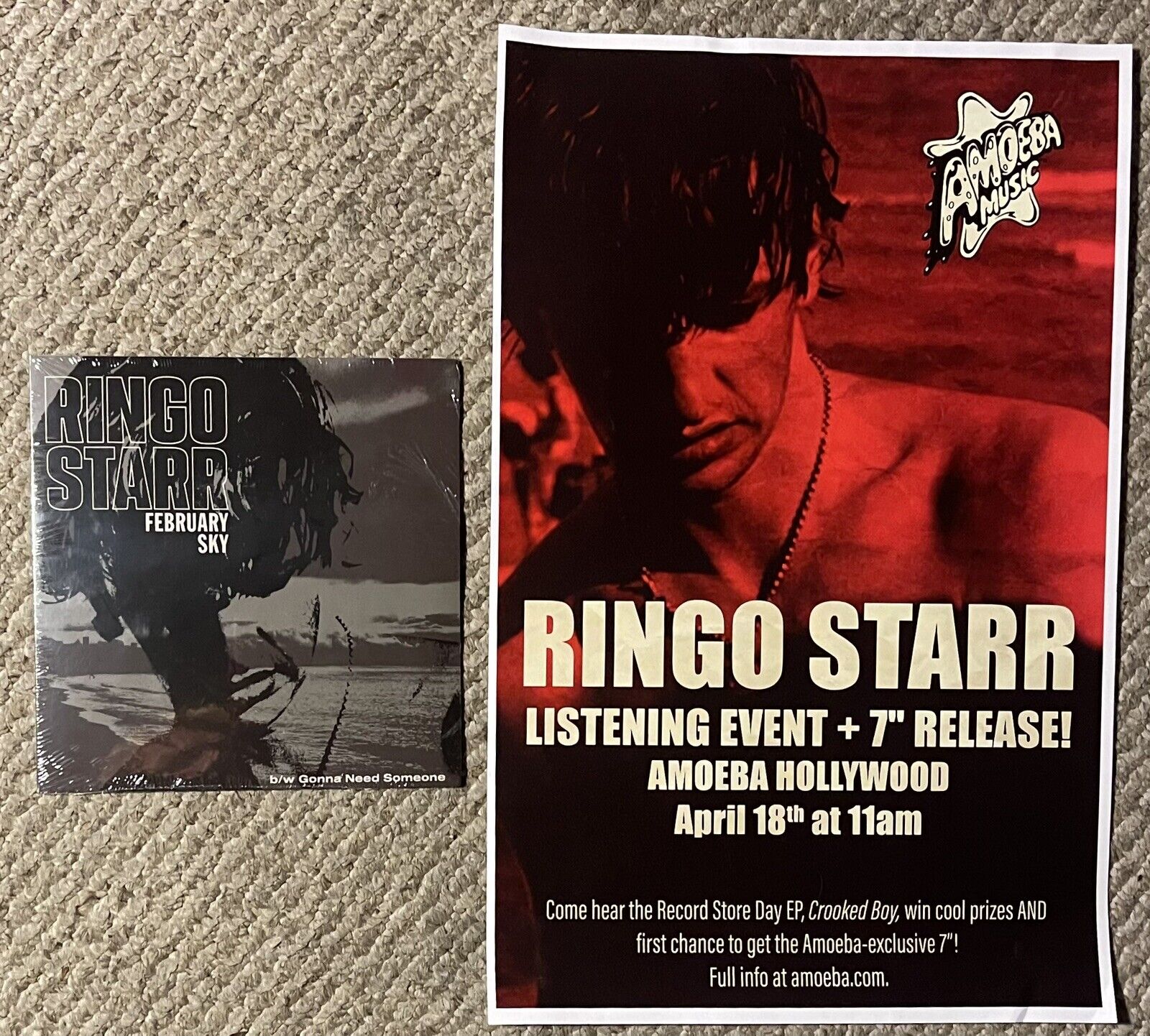 Ringo Starr RED VINYL February Sky 7 Inch Single & Event Poster Rare Amoeba RSD