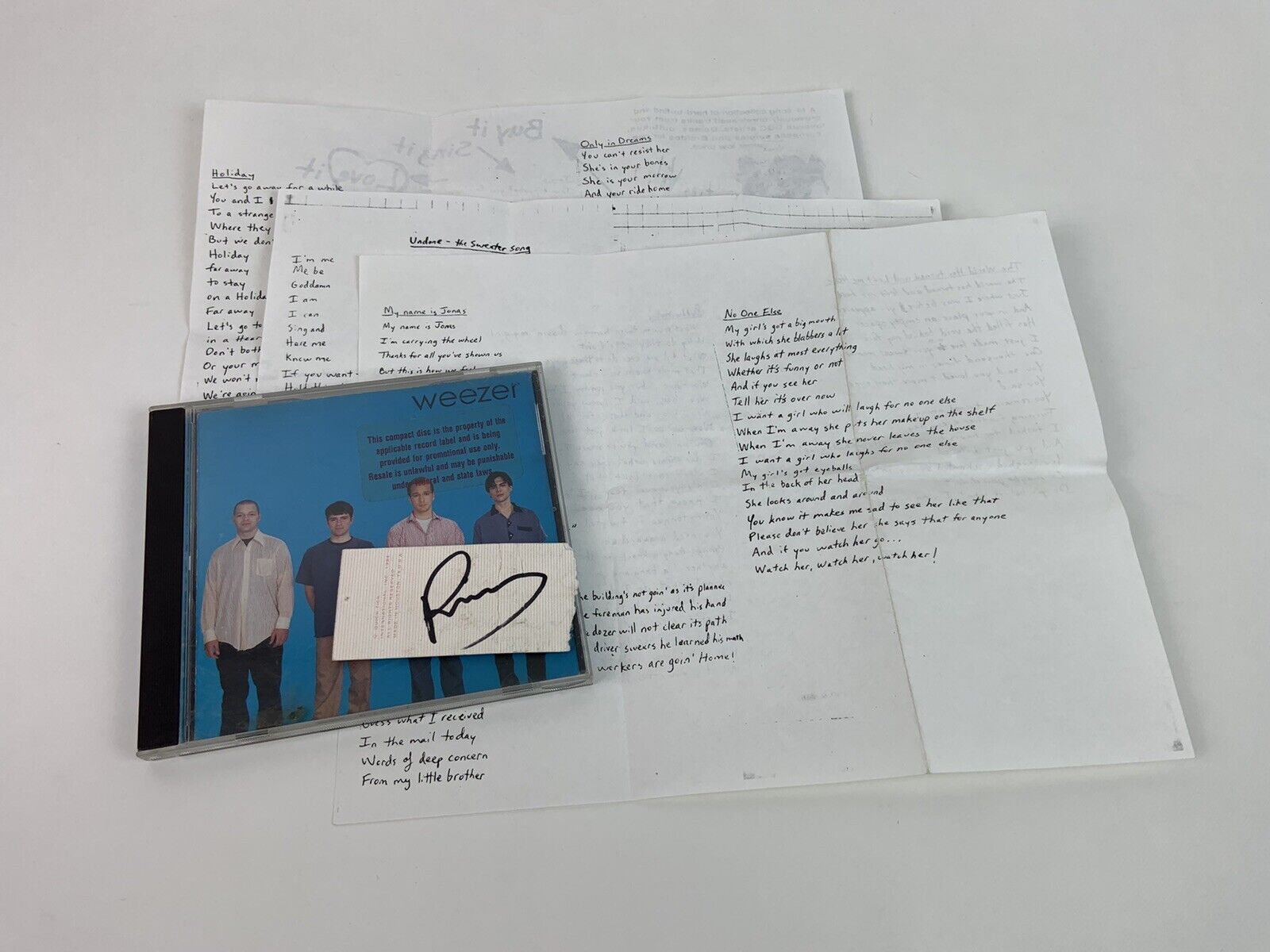 Signed By Rivers Cuomo Ticket Stub LOT Weezer Blue Album CD w/ Lyrics Sheet  