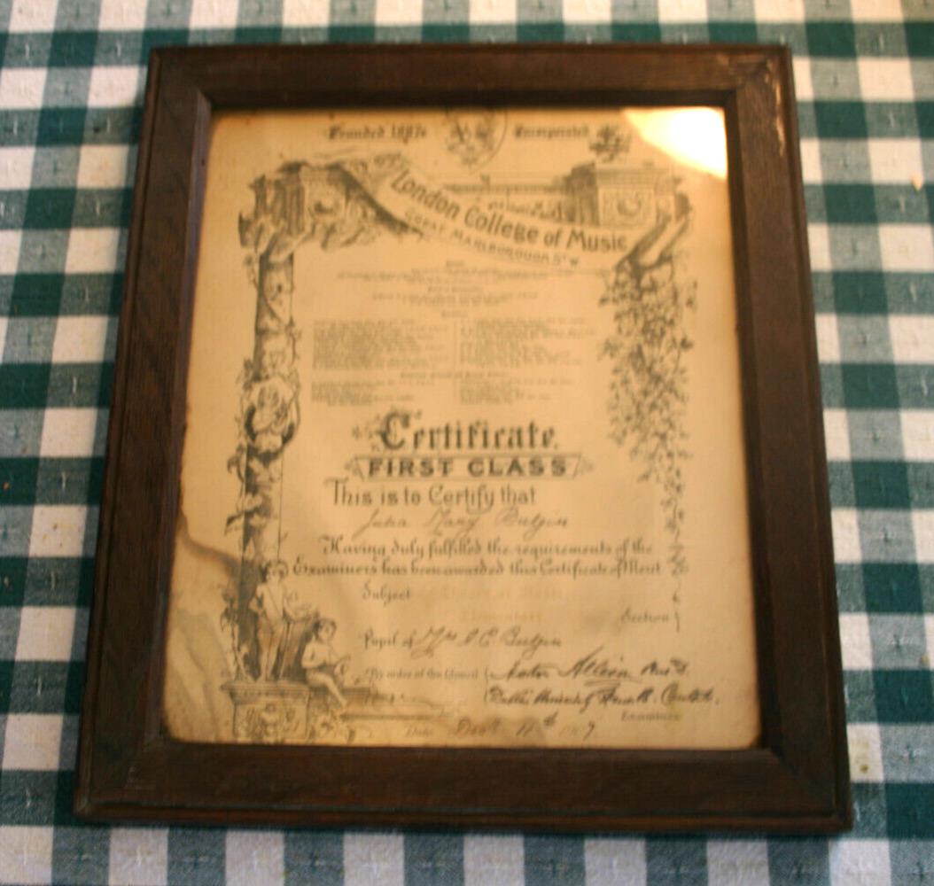 Vintage Framed 1907 London College of Music Certificate of Merit