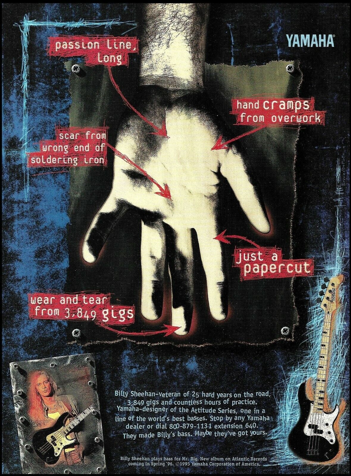 Billy Sheehan 1995 Yamaha Attitude Bass guitar advertisement 8 x 11 ad print