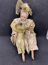 Vintage Harlequin Jester Doll Music Box Porcelain Face Sitting TESTED 10in picture
