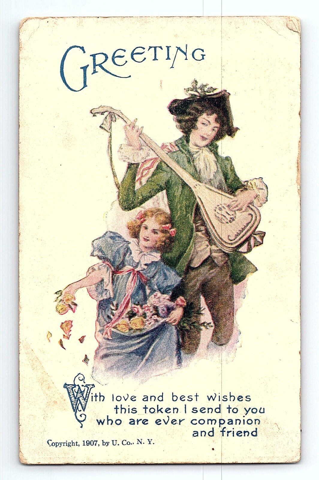 Man Woman Lady Guitar Music Flowers Best Wishes Greeting Card Vintage Postcard