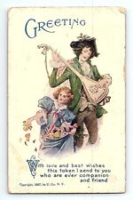 Man Woman Lady Guitar Music Flowers Best Wishes Greeting Card Vintage Postcard picture