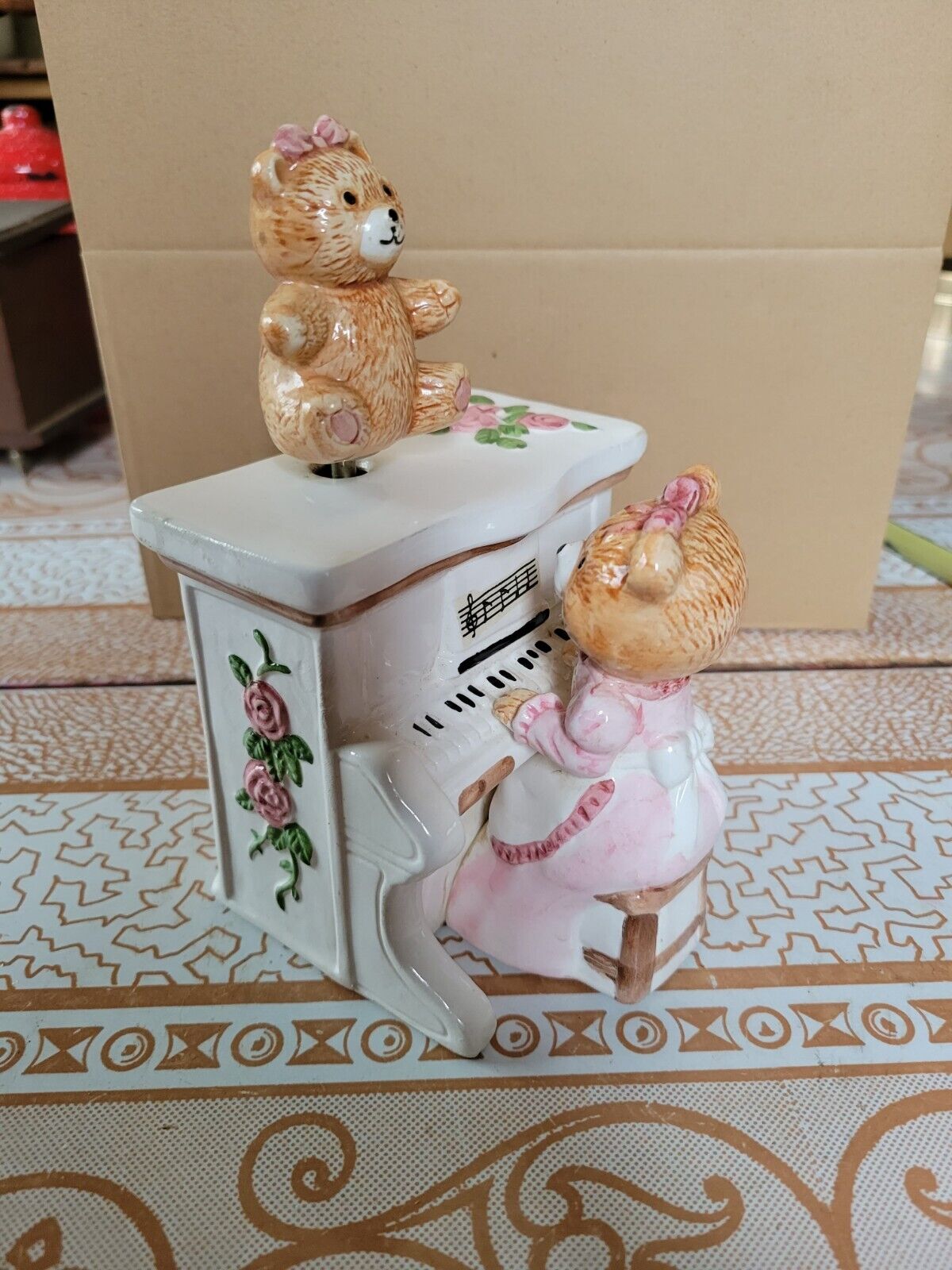 Vintage Music Box Revolving Teddy Bear on and ma play Piano Ceramic Hand Painted