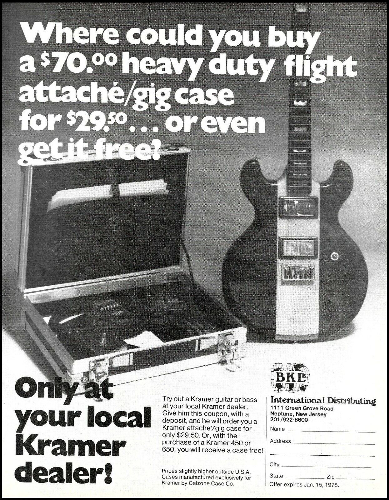 1978 Kramer Guitar ad flight attache gig case with purchase of 450 / 650 guitar