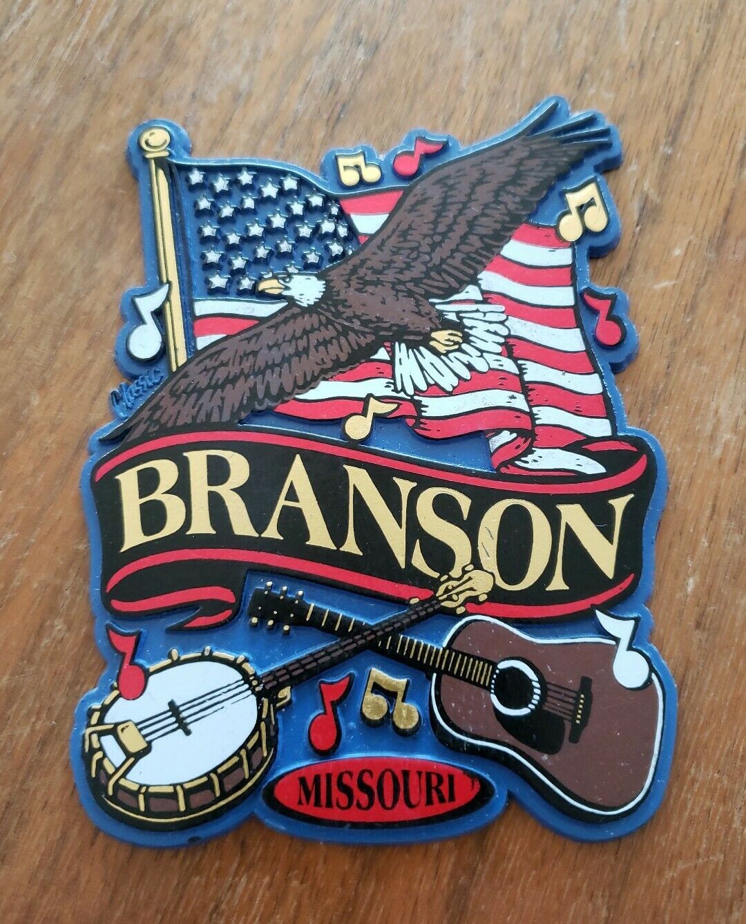 Vintage Branson MO Guitar Fiddle Eagle American Flag Rubber Refrigerator Magnet