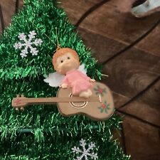 Vtg Christmas Ornament Angel Pink Dress On Guitar Red Green Floral Retro 3.5” picture