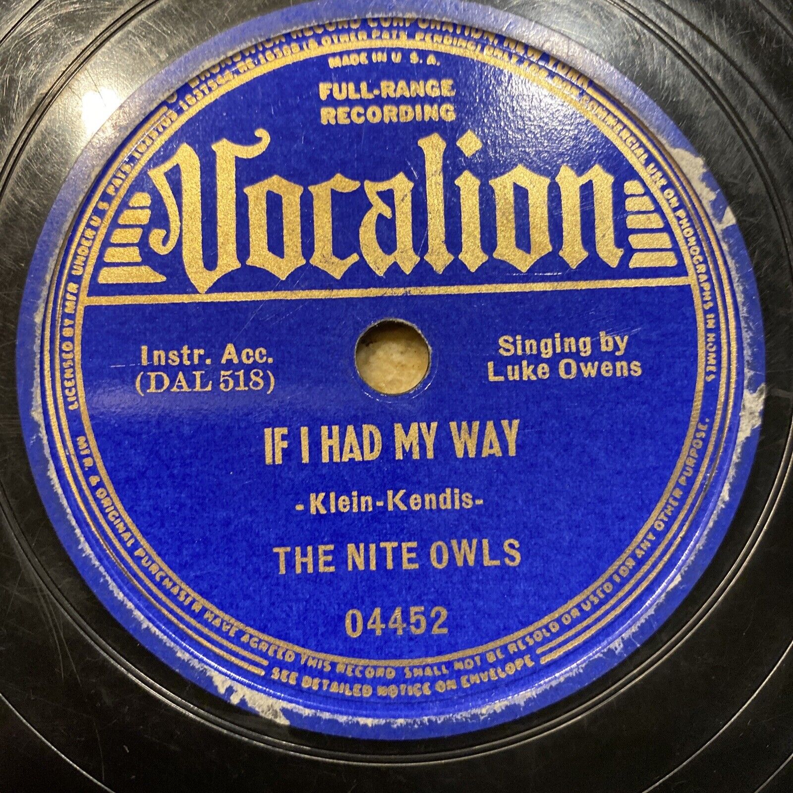 The Night Owls 78 rpm VOCALION 04452 IF I HAD MY WAY Country steel guitar V