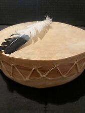 VINTAGE HANDMADE DOUBLE SIDED FEATHER NATIVE AMERICAN RAWHIDE DRUM PRAYER picture