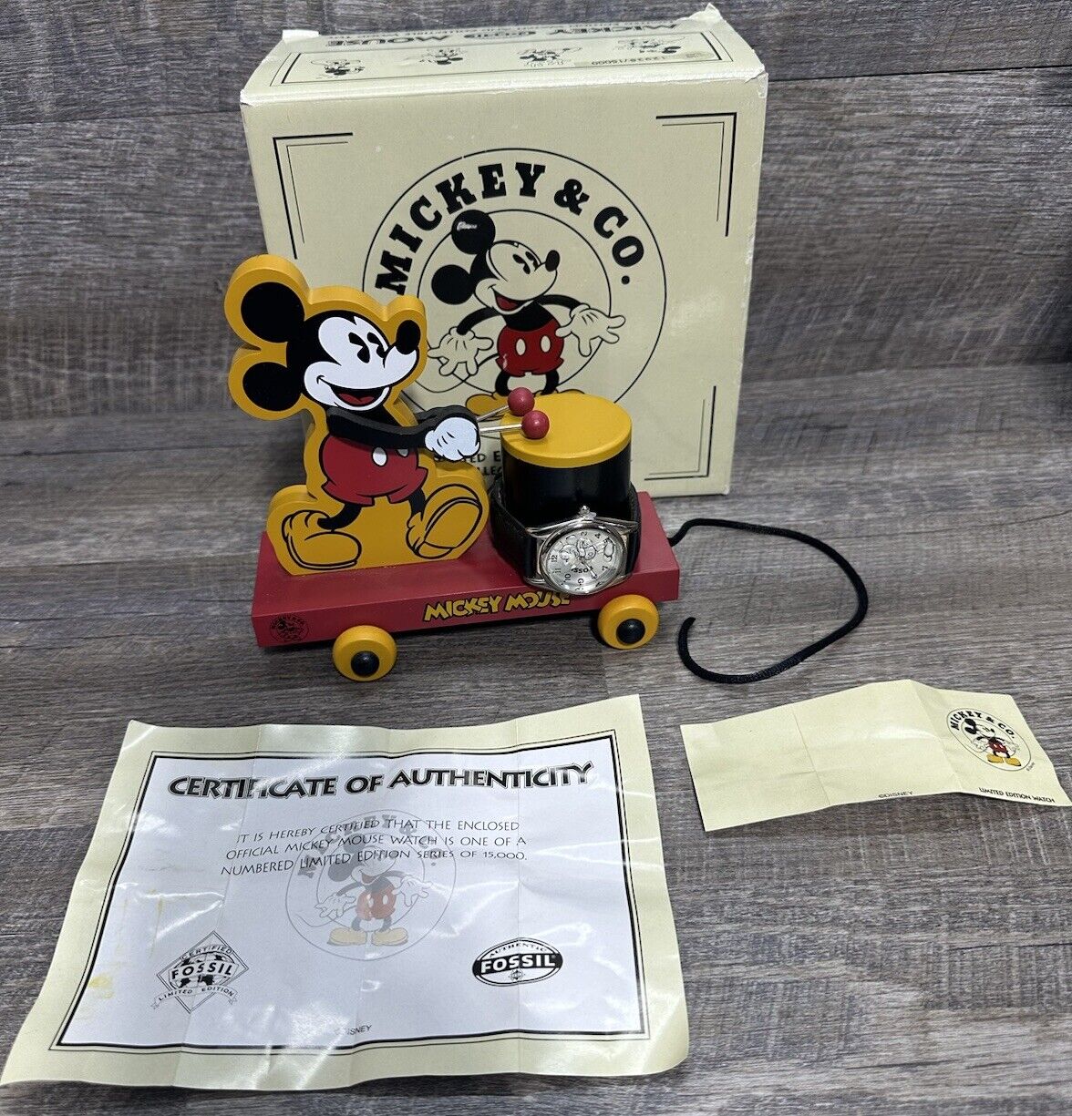 DISNEY Mickey Mouse Limited Edition Fossil Watch and Wooden Toy Train Drum NIB