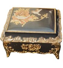 Vintage Sankyo Music Trinket Box With Inlaid Birds Metal Japan Ornate  picture