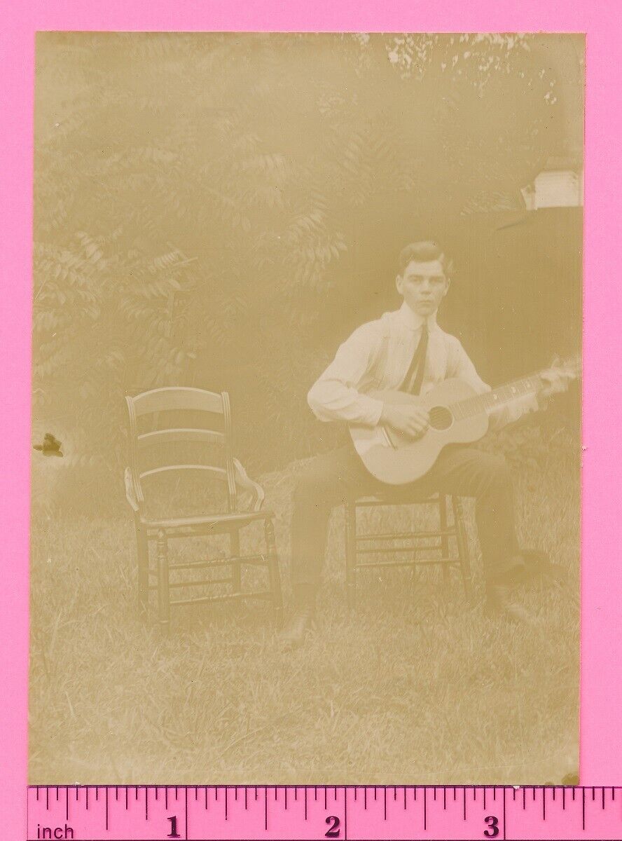 Music Man Musician Playing Antique 6 String Guitar Vintage Snapshot Photo