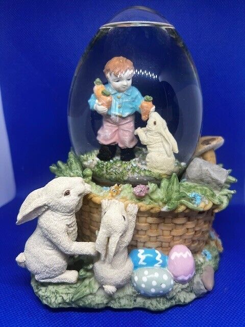 Vintage Mervyn's Easter Bunny Basket Egg Shape Glitter Water Globe Music Box