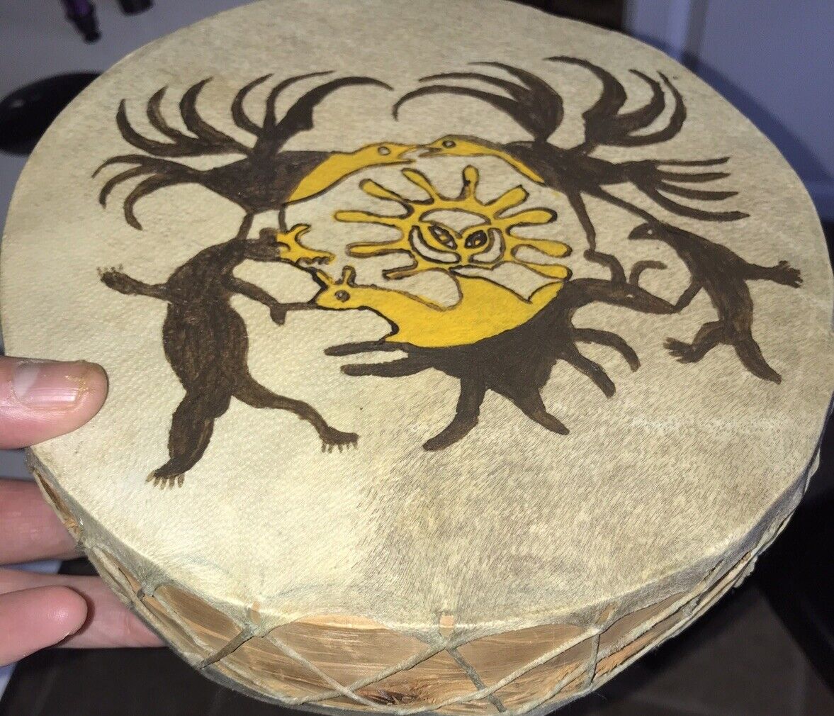 Deer Skin & Wood Drum Vintage Hand-Painted Animal Hide Hand Drum