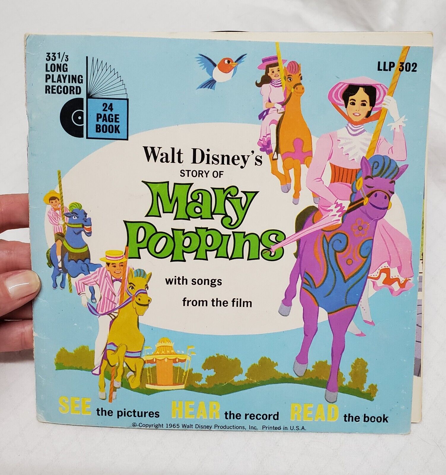 1965 Walt Disney\'s Story Of Mary Poppins Book with 33 1/3 RPM LLP 302 EUC