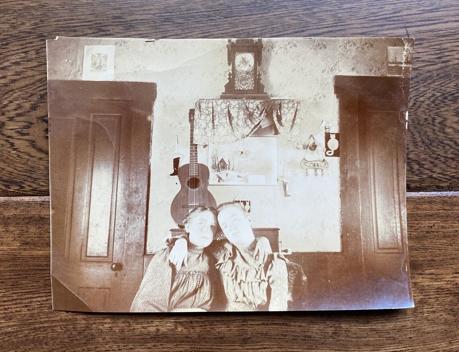 Guitar on the Dresser with Two Young Women Original Antique Vintage Photo