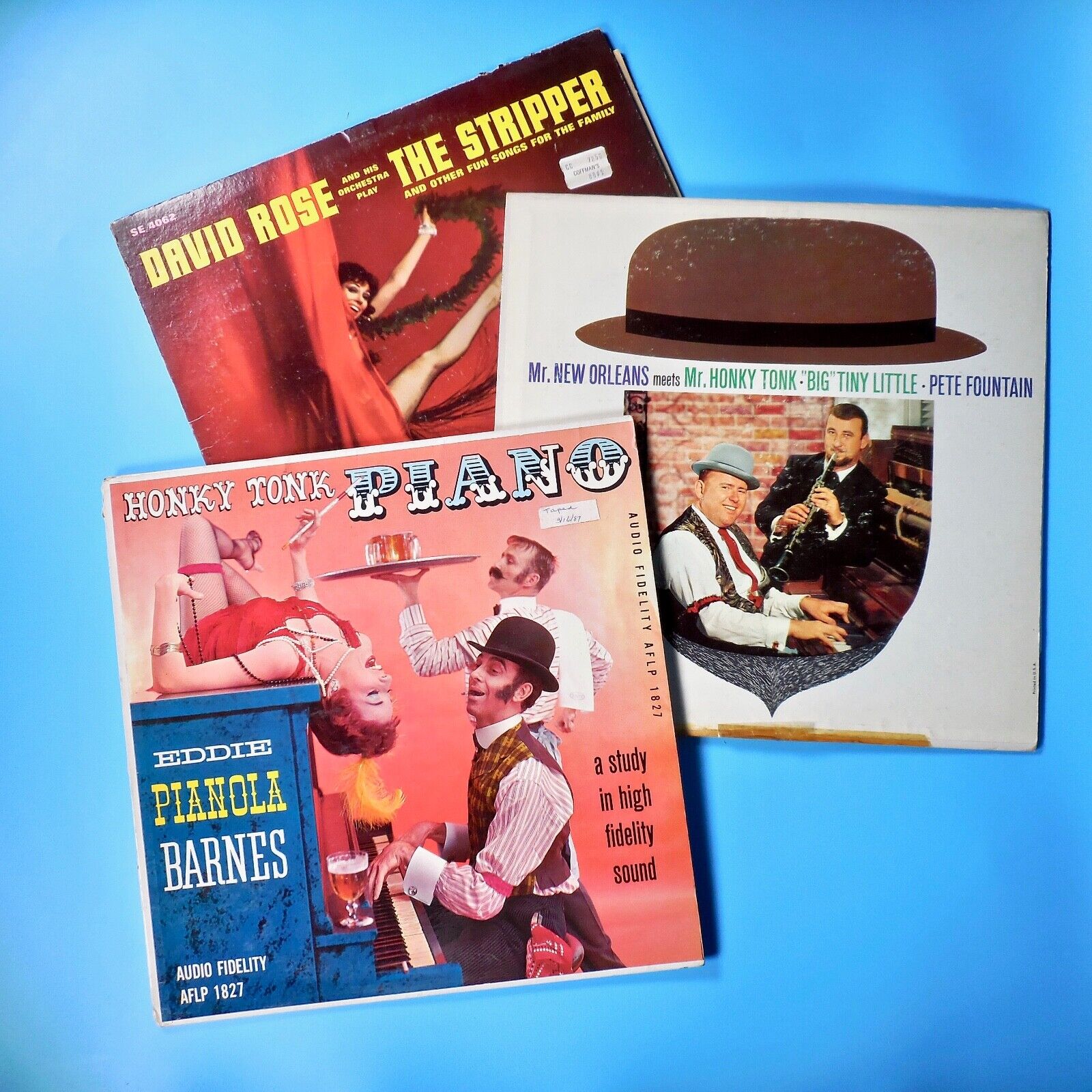 3 Honky Tonk Piano Vinyl LPs Lot Stripper Cheesecake New Orleans Pianola Barnes