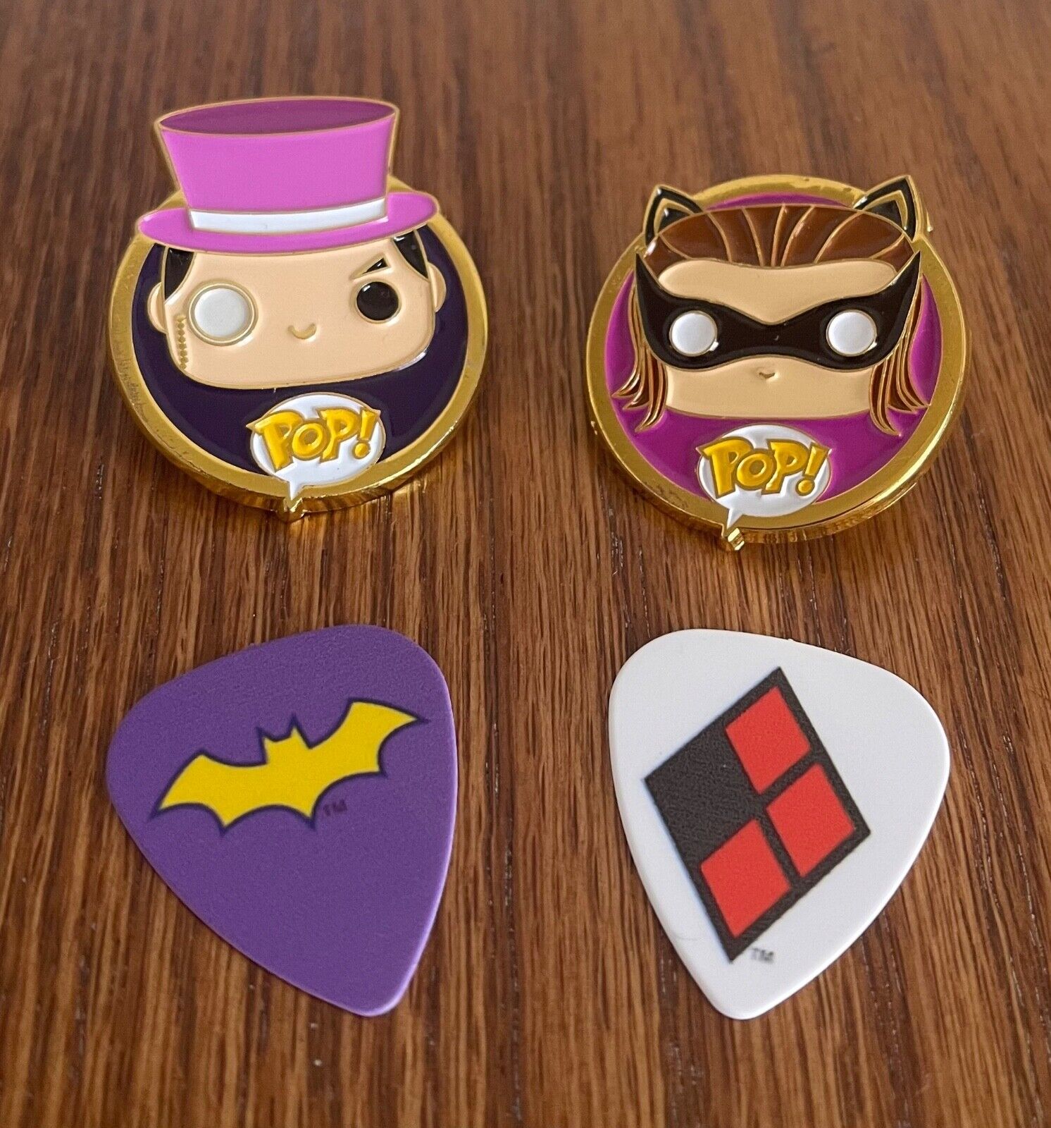 Funko Pop DC Catwoman & Penguin Pin and Batgirl, Harley Quinn Logo Guitar Picks