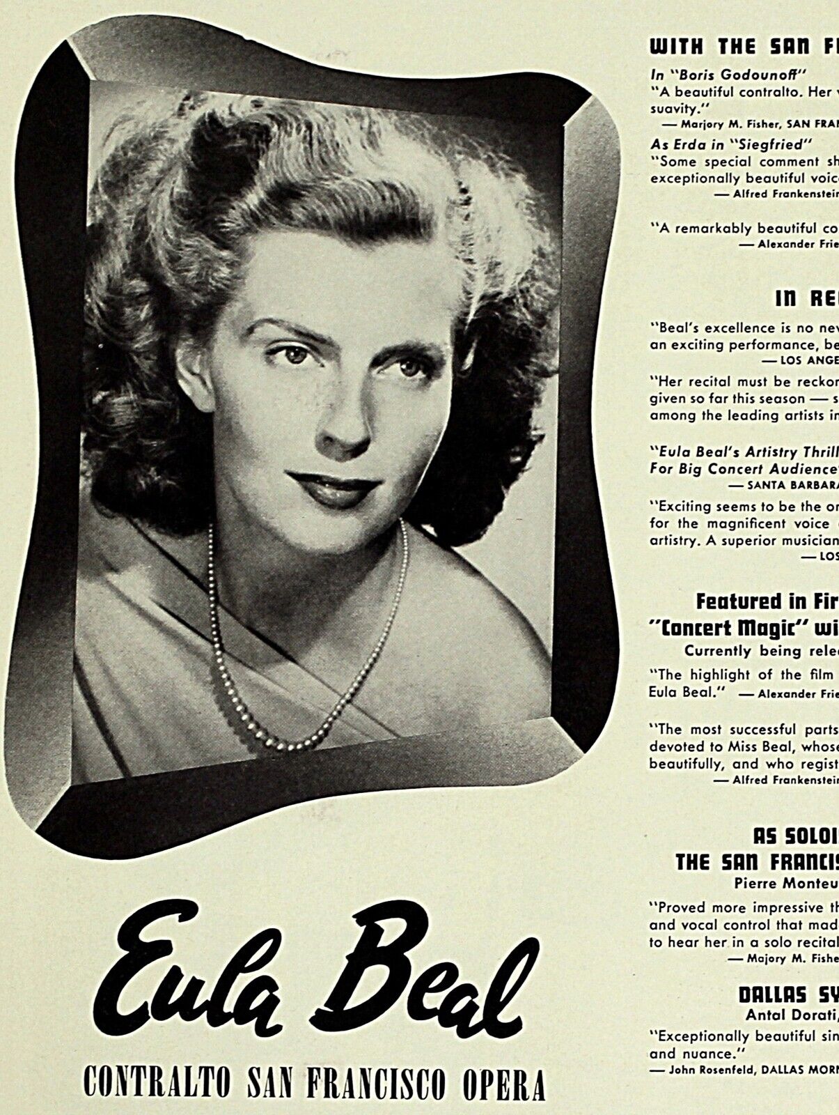 Vintage Music Print Ad EULA BEAL Contralto 1949 Booking Ads 13 x 9 3/4