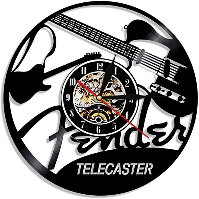 Fender Telecaster Guitar Music Black Vinyl Record Wall Clock Guitarist For Gift